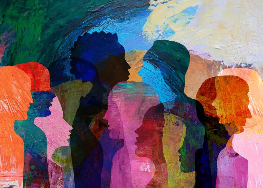 Group of diverse people profile view hand drawn silhouettes talking