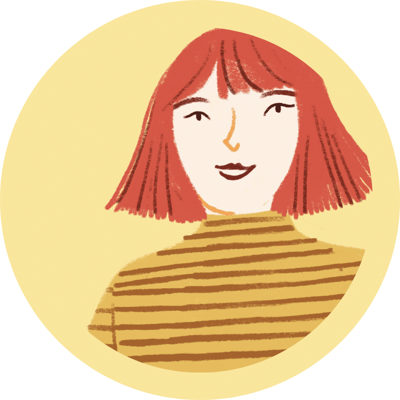 illustration of Lex - young woman with pale skin and red hair wearing a yellow striped turtle neck