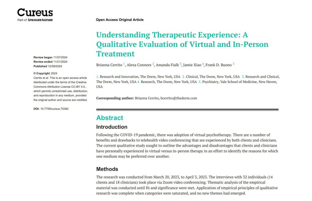Qualitative evaluation of therapeutic experience in virtual and in-person treatment settings.